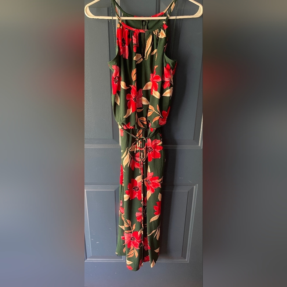 Maggy London Green Jumpsuit with Red‎ Pink Floral Design Size 6